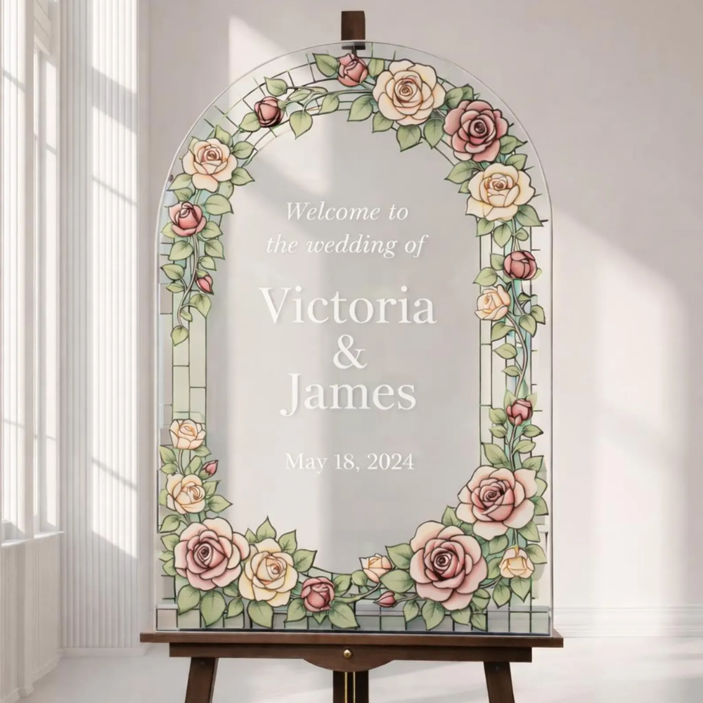 Custom Roses Wedding Welcome Acrylic Stained Glass Sign, Custom Floral Stained Glass Wedding Sign WD0743