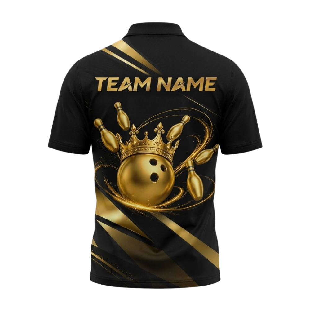 Custom Team Crown Bowling Jersey For Men Black And Gold, Custom Team Bowling Shirt BZ1108