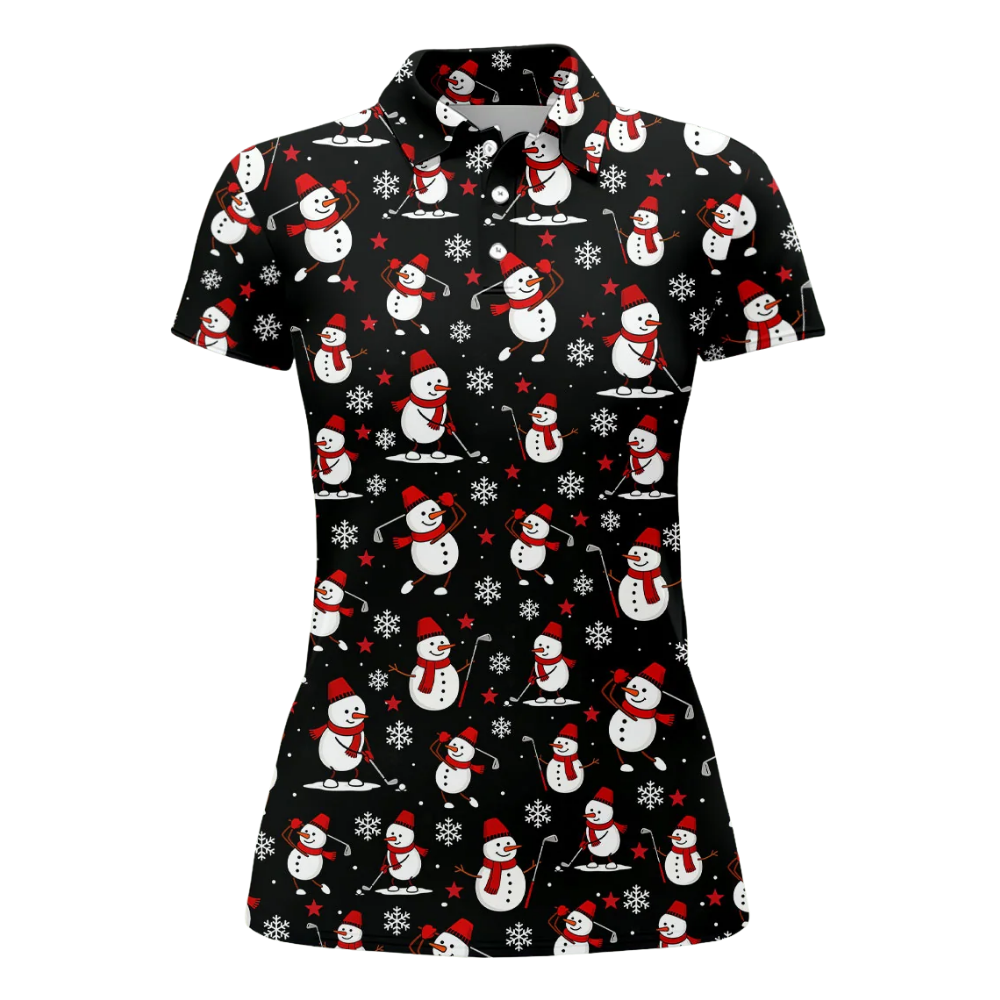Women's Snowman Black Golf Polo Shirt, Christmas Ladies Golf Shirt GZ0347