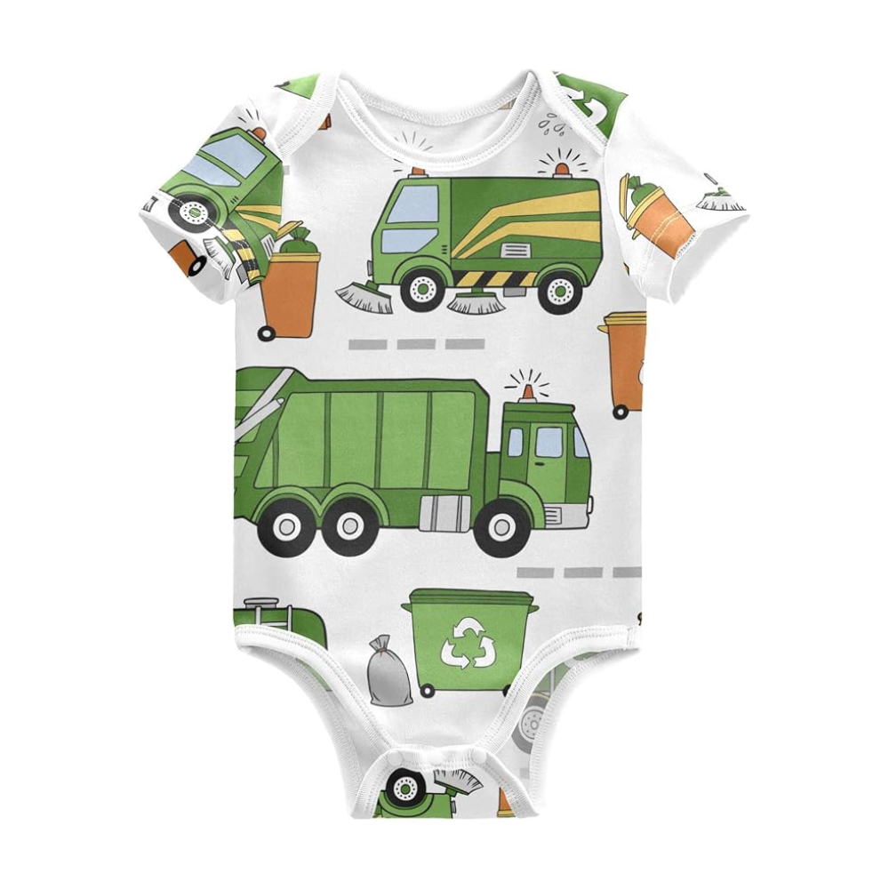 Green Garbage Truck Baby Short Sleeve Bodysuit, Garbage Truck Baby Bodysuit BB0740