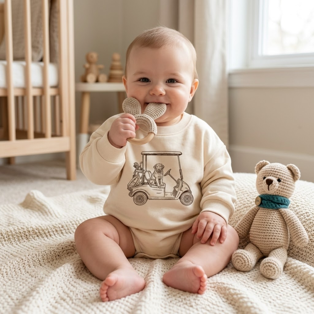 Golden Retriever Golf Cart Baby Romper Sweatshirt, Dog Golf Baby Sweatshirt BB0813