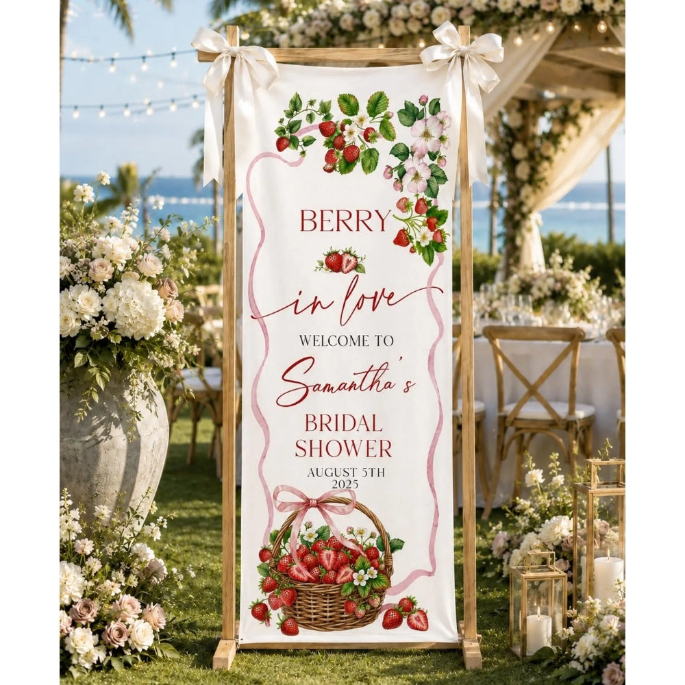 Berry In Lover Custom Strawberry Bridal Party Welcome Linen Banner, Custom Bridal Shower Welcome Sign WD0409
