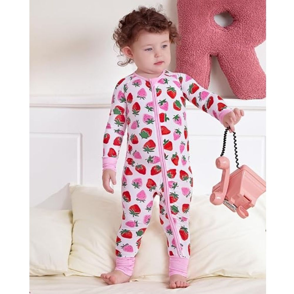 Strawberry Pink Baby Romper Convertible Zipper, Strawberry Baby Convertible Romper BB0371