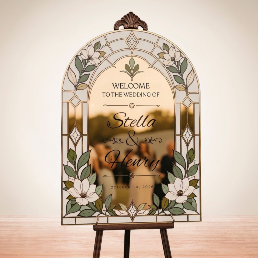 Personalized White Magnolia Stained Glass Wedding Acrylic Mirror Sign, Custom Floral Wedding Stained Glass Sign WD0744