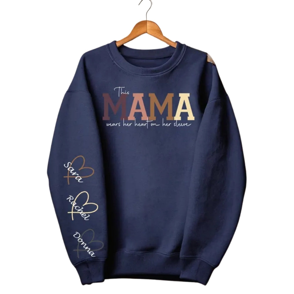 This Mama Wears Her Heart On Her Sleeve Custom Kids Names Sweatshirt, Custom Mama Heart Sleeve Sweatshirt 2D0824