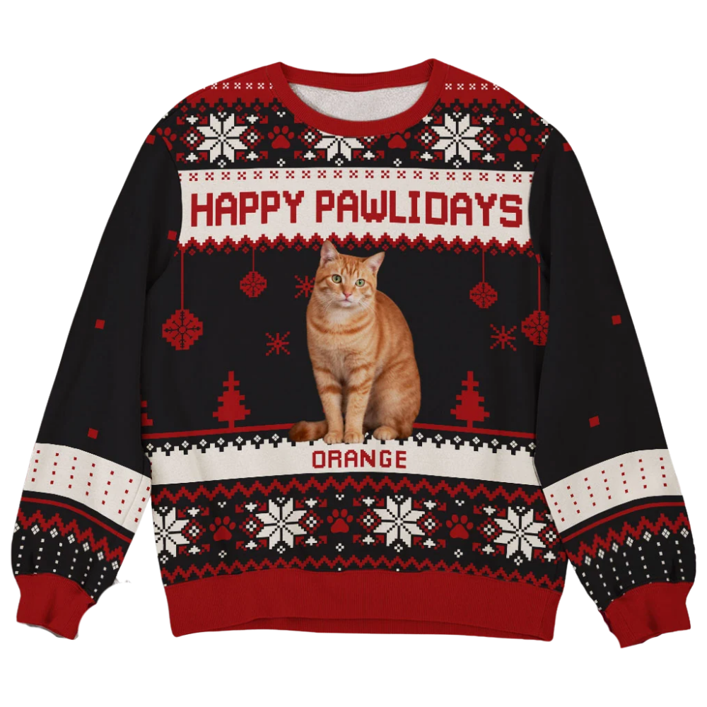 Custom Cat Photo Ugly Christmas Sweatshirt Happy Pawlidays, Custom Cat Lover Christmas Sweater 2D1218