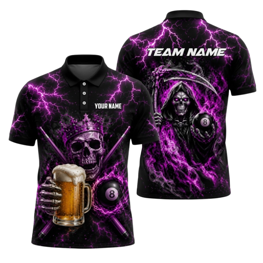 Custom Skull Beer 8 Ball Polo Shirt For Men, Custom Skull 8 Ball Pool Team Shirt BIZ0335
