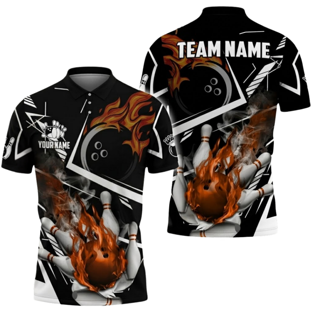 Custom Flaming Ball Red Bowling Polo Shirt For Men, Custom Flame Bowling Shirts Team BZ0663