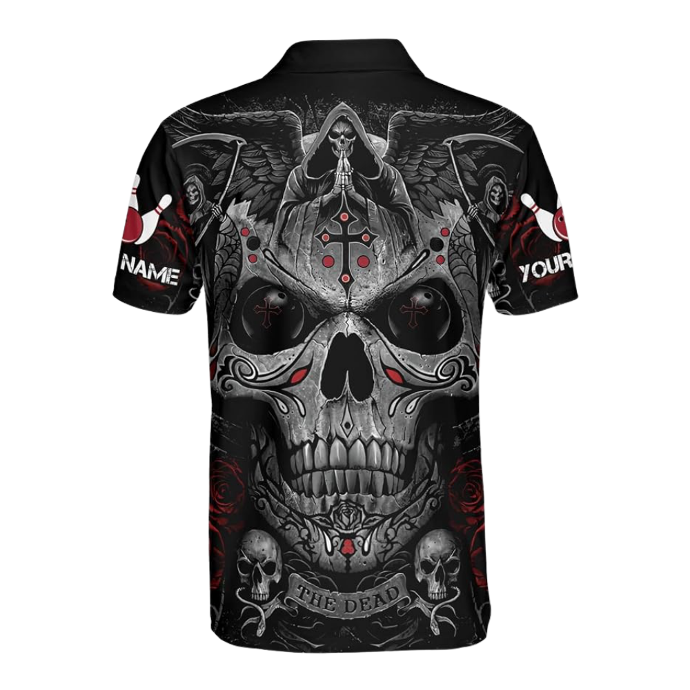 Reaper Cross Custom Mens Black Bowling Polo Shirt, Custom Skull Bowling Team Shirt BZ0782