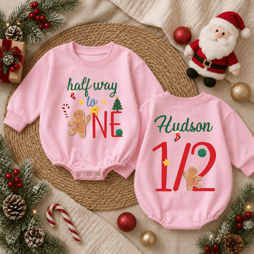 Personalized Half Way To One Christmas Baby Romper Sweatshirt, Custom Xmas 1/2 Birthday Baby Romper Sweater BB0973