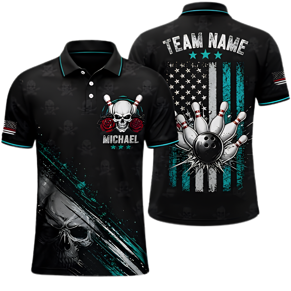 Skull American Flag Custom Mens Bowling Polo Shirt, Custom Skull Bowling Shirt For Team BZ0953
