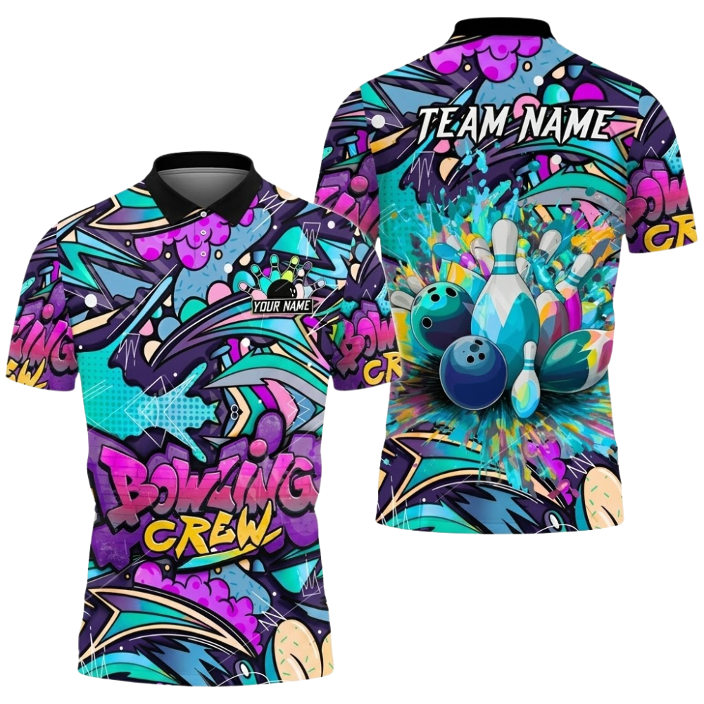 Custom Team Colorful Graffiti Bowling Crew Polo Shirt Mens, Custom Graffiti Bowling Team Shirts BZ0857