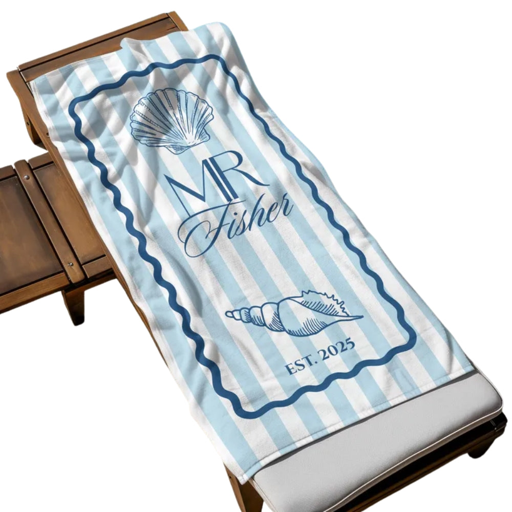 Personalized Mr and Mrs Fisher Beach Towel, Custom Newlyweds Honeymoon Wedding Beach Towel For Couple WD0247