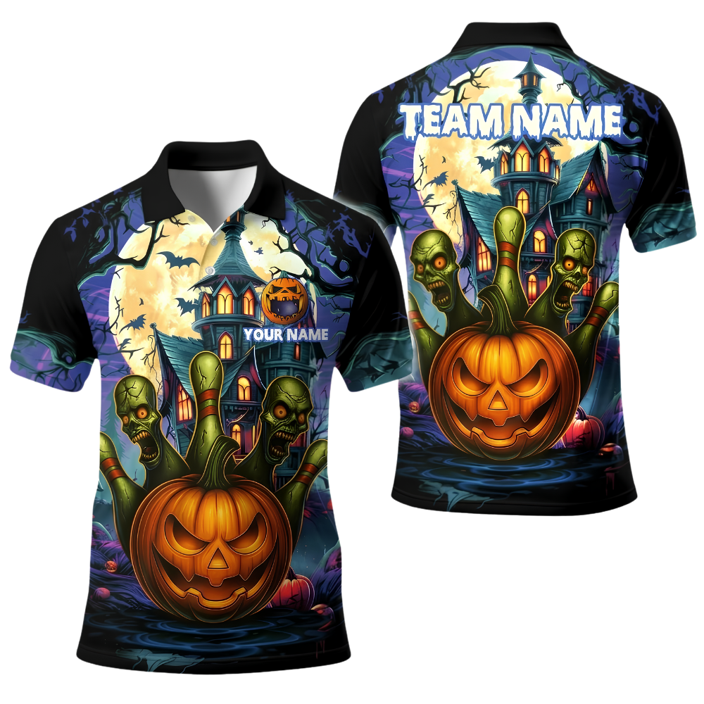 Custom Skull Pumpkin Bowling Polo Shirt For Men, Custom Halloween Bowling Team Shirt BE0249