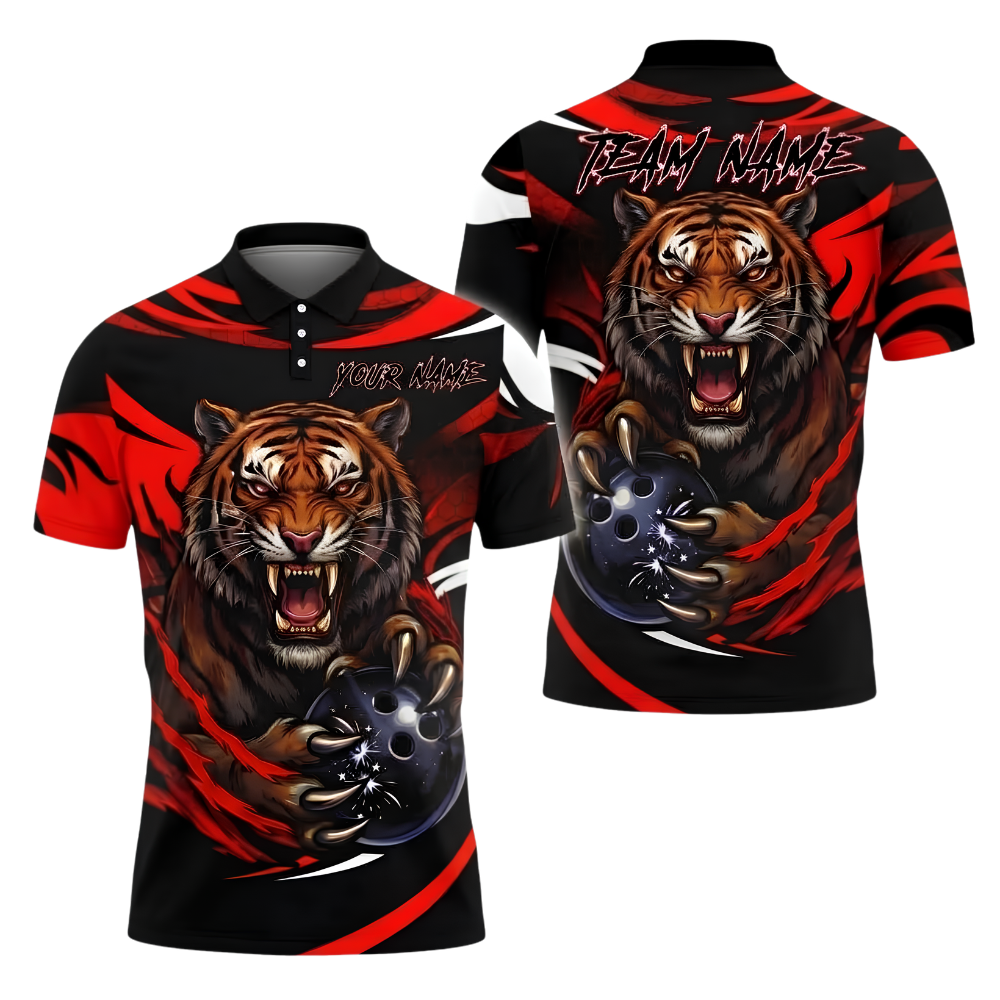Custom Tiger Men's Black Orange Bowling Polo Shirt, Custom Tiger Team Bowling Shirt BZ1017