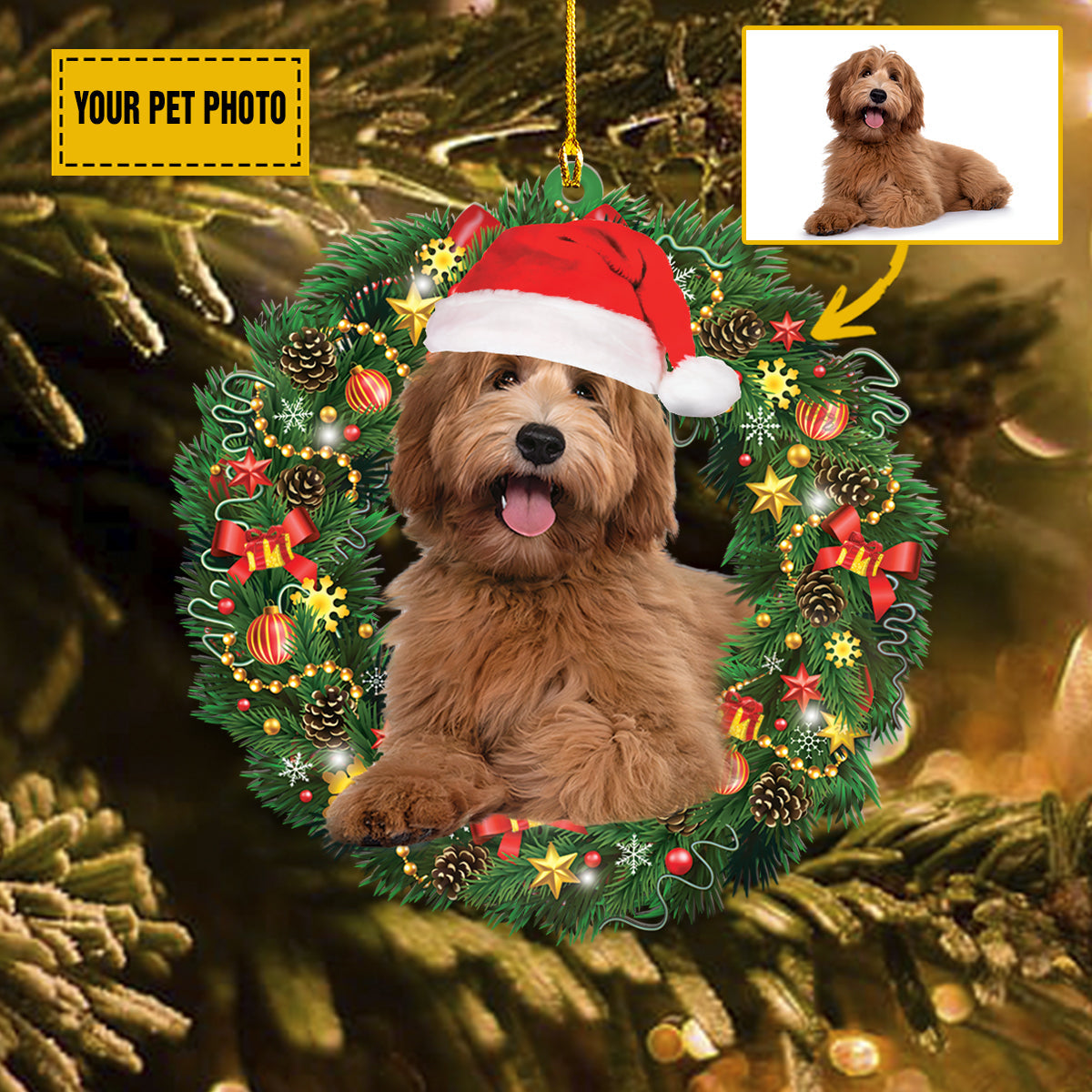 Christmas Wreath With Pet Wears Christmas Hat Customized Acrylic Ornaments, Gift For Family, Gift For Pet Lovers, Christmas Gift OO1601