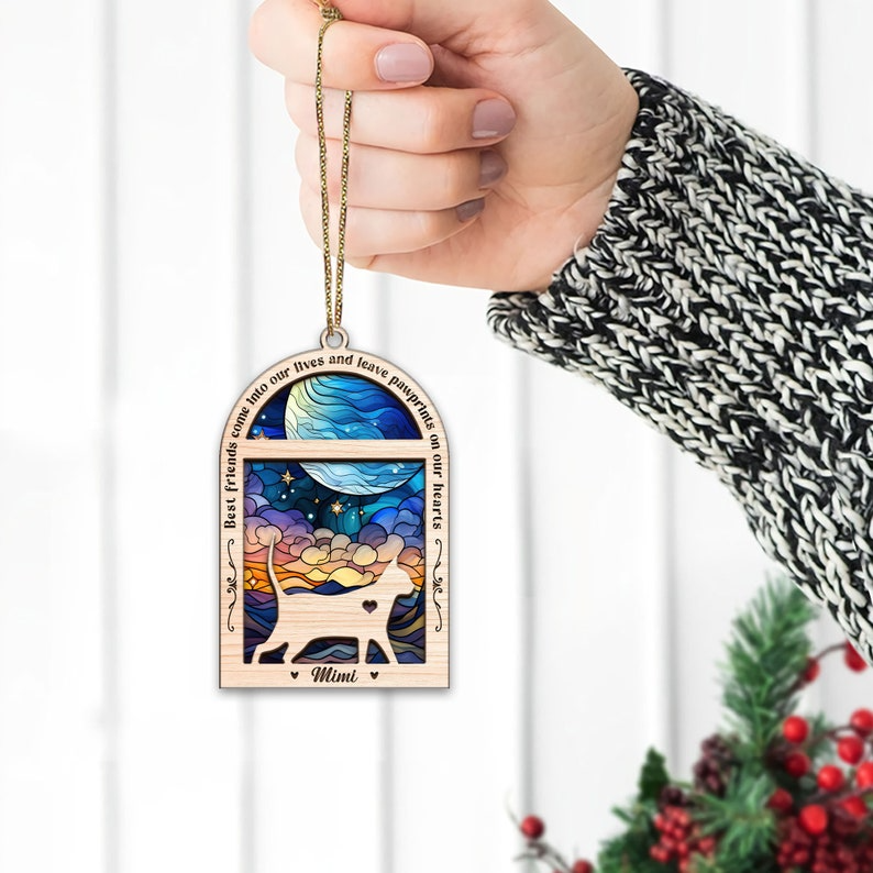 Personalized Cat Memorial Suncatcher, Pet Memorial Suncatcher, Cat Suncatcher Stained Glass OA0162