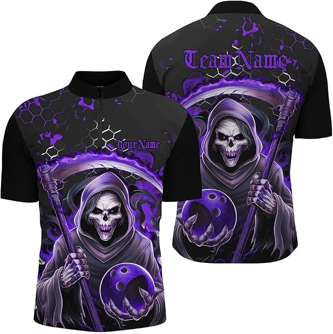 Reaper Custom Purple Black Bowling Jersey For Men, Custom Skull Team Bowling Shirts BZ0714