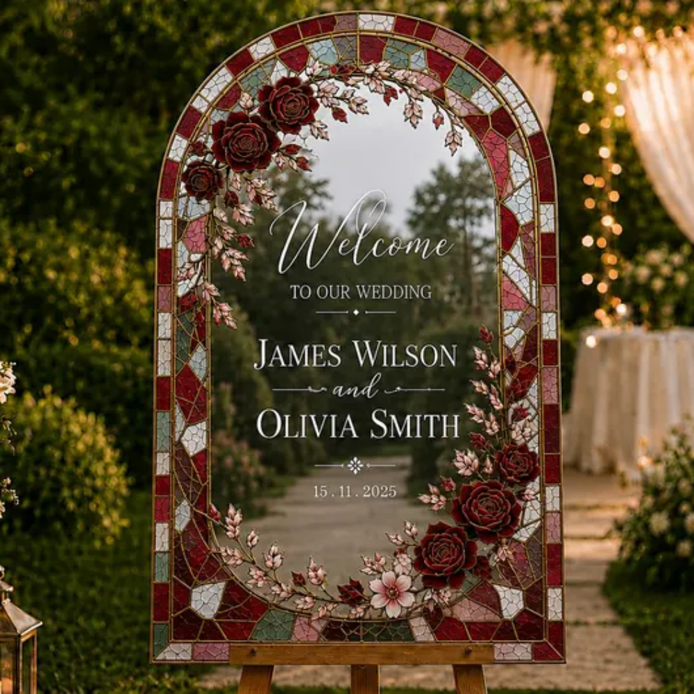 Personalized Burgundy Rose Wedding Stained Glass Mirror Welcome Sign, Personalized Floral Wedding Stained Glass Sign WD0750