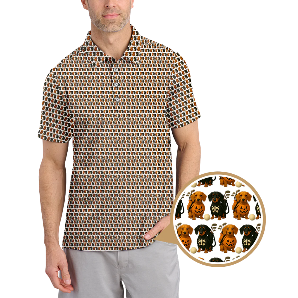 Pumpkin Dachshund Mens Golf Polo Shirt, Halloween Golf Shirt For Dachshund Lover GZ0343