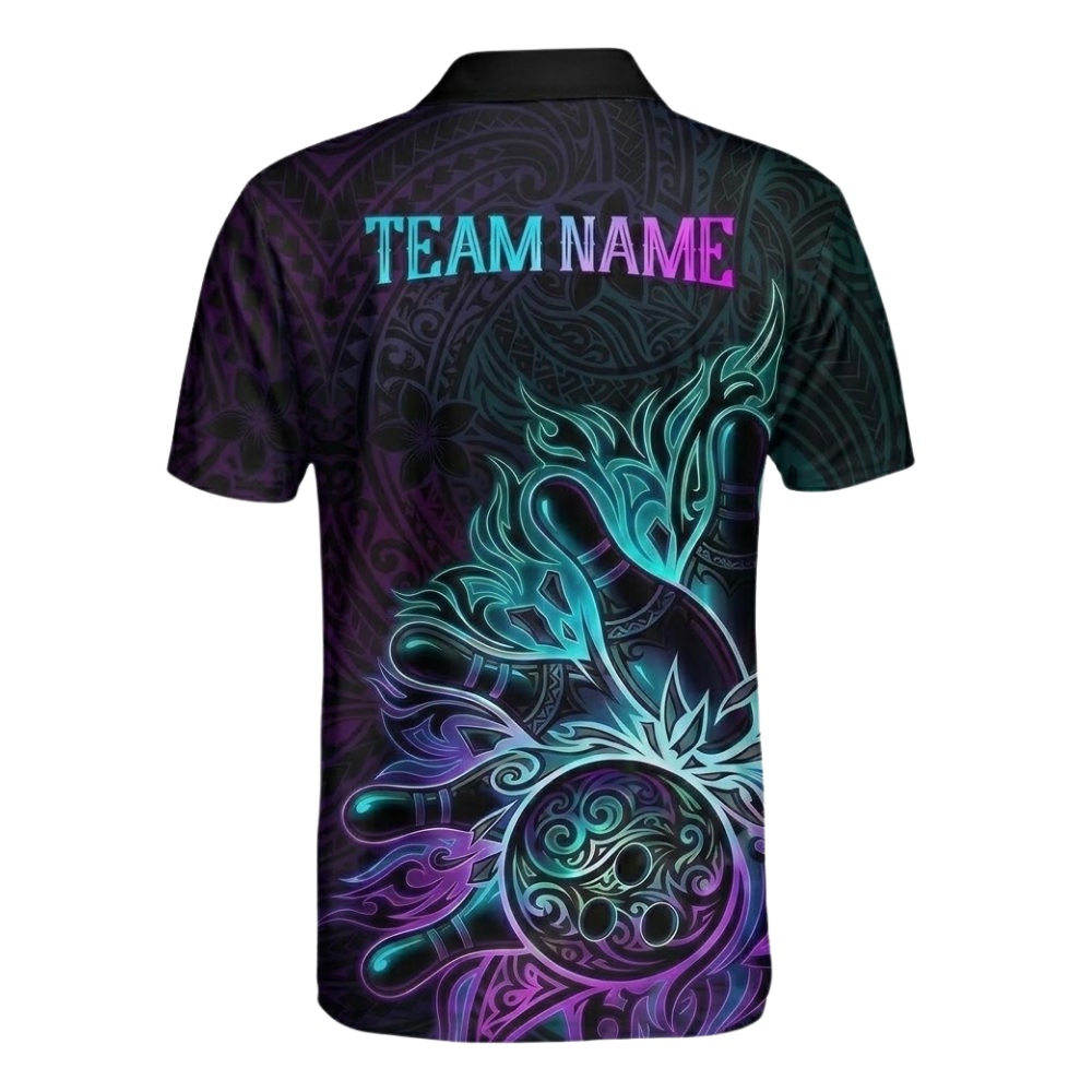 Custom Tribal Neon Purple Cyan Bowling Polo Shirt Mens, Custom Tribal Bowling Team Shirts BZ0499