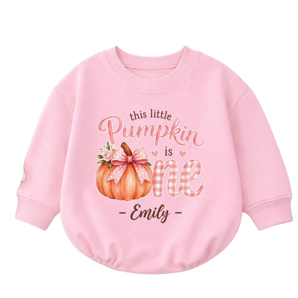 This Little Pumpkin Is One Custom Name Baby Romper Sweatshirt, Custom First Birthday Thanksgiving Baby Sweater BB0849