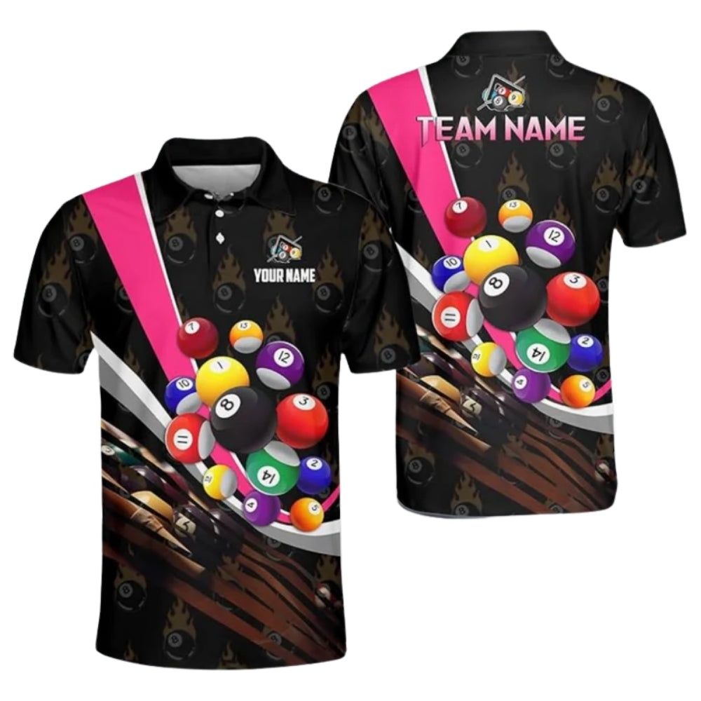 Flaming 8 Ball Custom Billiard Team Polo Shirts For Mens, Custom Pool Billiard Shirts BIZ0162