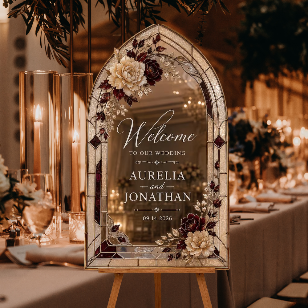 Personalized Burgundy Peony Gothic Wedding Stained Glass Acrylic Welcome Sign, Personalized Floral Wedding Stained Glass Sign WD0751