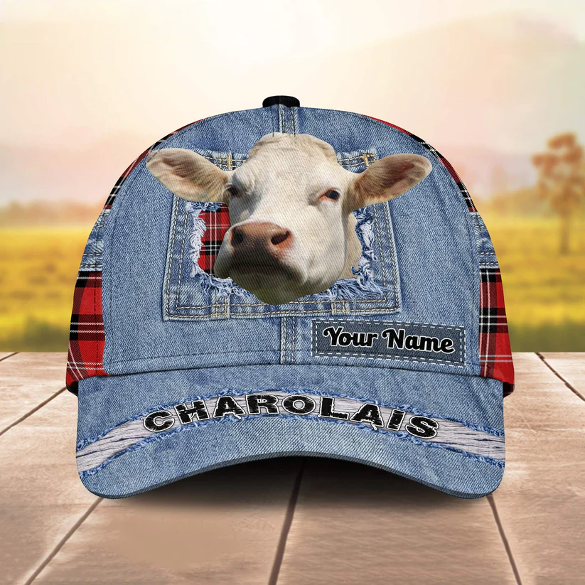 Charolais Overall Jeans Pattern And Red Caro Pattern Customized Name Cap CA0156