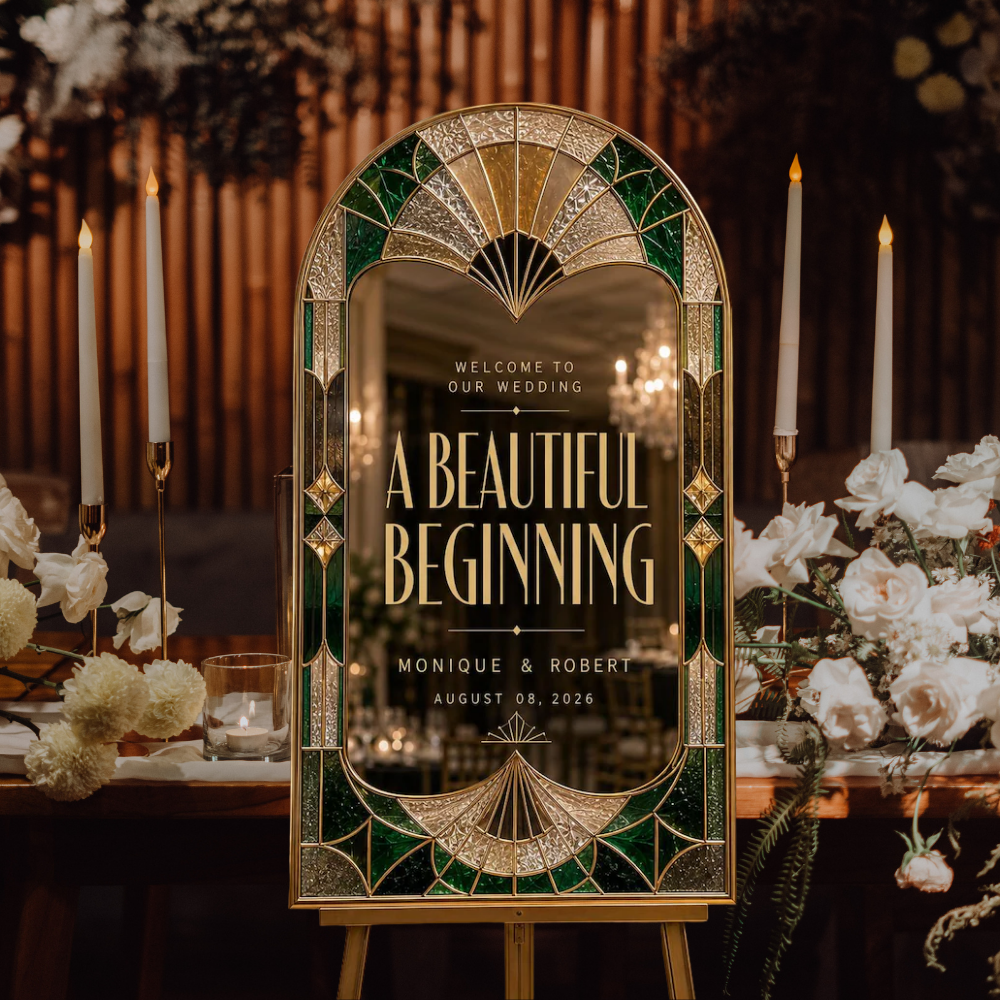 A Beautiful Beginning Custom Emerald Green Stained Glass Wedding Acrylic Mirror Sign, Custom Stained Glass Wedding Sign WD0752