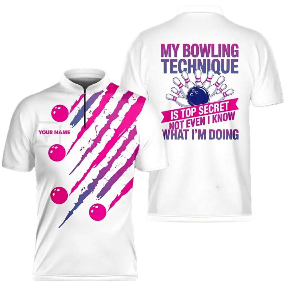 My Bowling Technique Is Top Secret Not Even I Know What I'm Doing Custom Mens Purple Bowling Jersey, Custom Funny Bowling Shirts BZ0564
