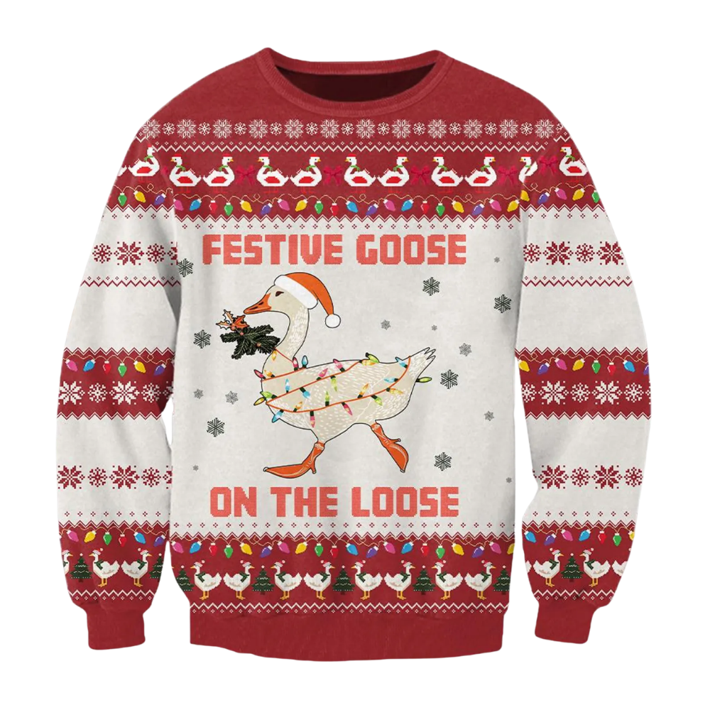 Festive Goose On The Loose Ugly Christmas Sweatshirt 3D Printed, Funny Goose Christmas Sweatshirt 2D1240