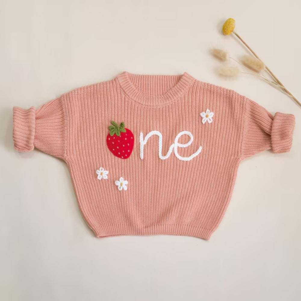 One Strawberry Baby Embroidered Knit Sweater, Berry First Birthday Baby Sweatshirt BB0753