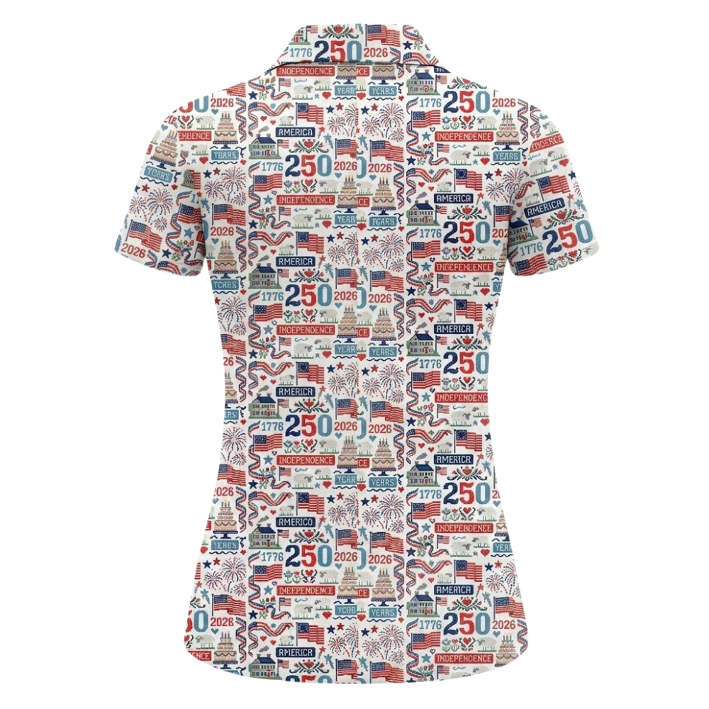 250th Anniversary Pattern White Red Blue Womens Golf Polo Shirt, 4th Of July Golf Shirt For Womens GZ0311
