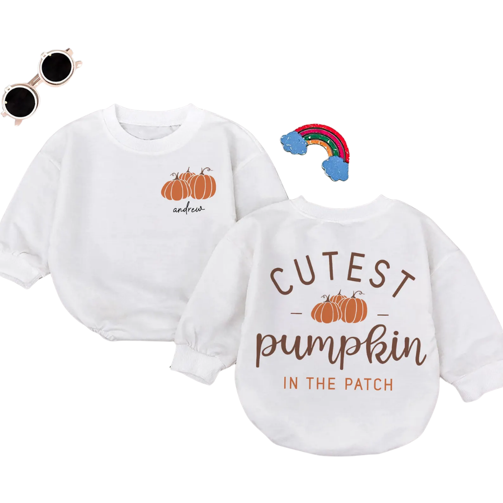Custom Cutest Pumpkin in the Patch Baby Romper Sweatshirt, Custom Baby Funny Fall Autumn Romper Sweatshirt BB0091