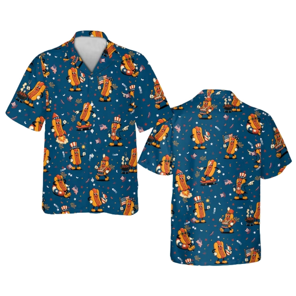 Funny Hot Dog USA Flag Hawaiian Shirt Men And Women, Hot Dog Fourth Of July Hawaiian Shirts HE0422
