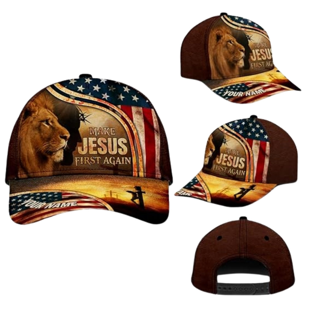 Make Jesus First Again Custom Lion American Flag Baseball Cap, Custom Lion Christian 3D Printed Hat CP0461