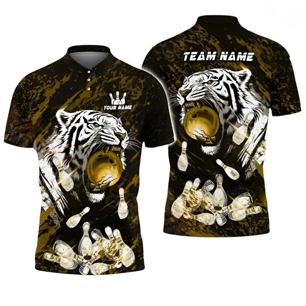 Custom Tiger Flame Ball Bowling Mens Polo Shirt, Custom Tiger Bowling Team Shirts BZ0529