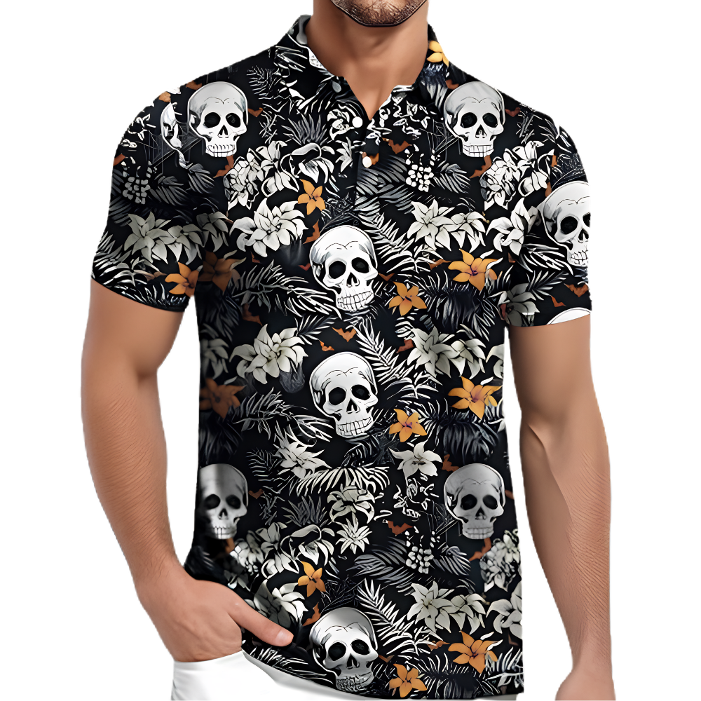 Skeleton Flowers Aloha Golf Polo Shirts Mens Black, Skull Golf Shirts GZ0448