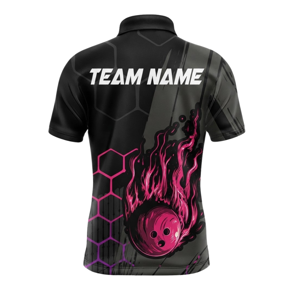 Custom Flame Pink Black Bowling Polo Shirt Mens, Custom Flame Bowling Team Shirts BZ0630