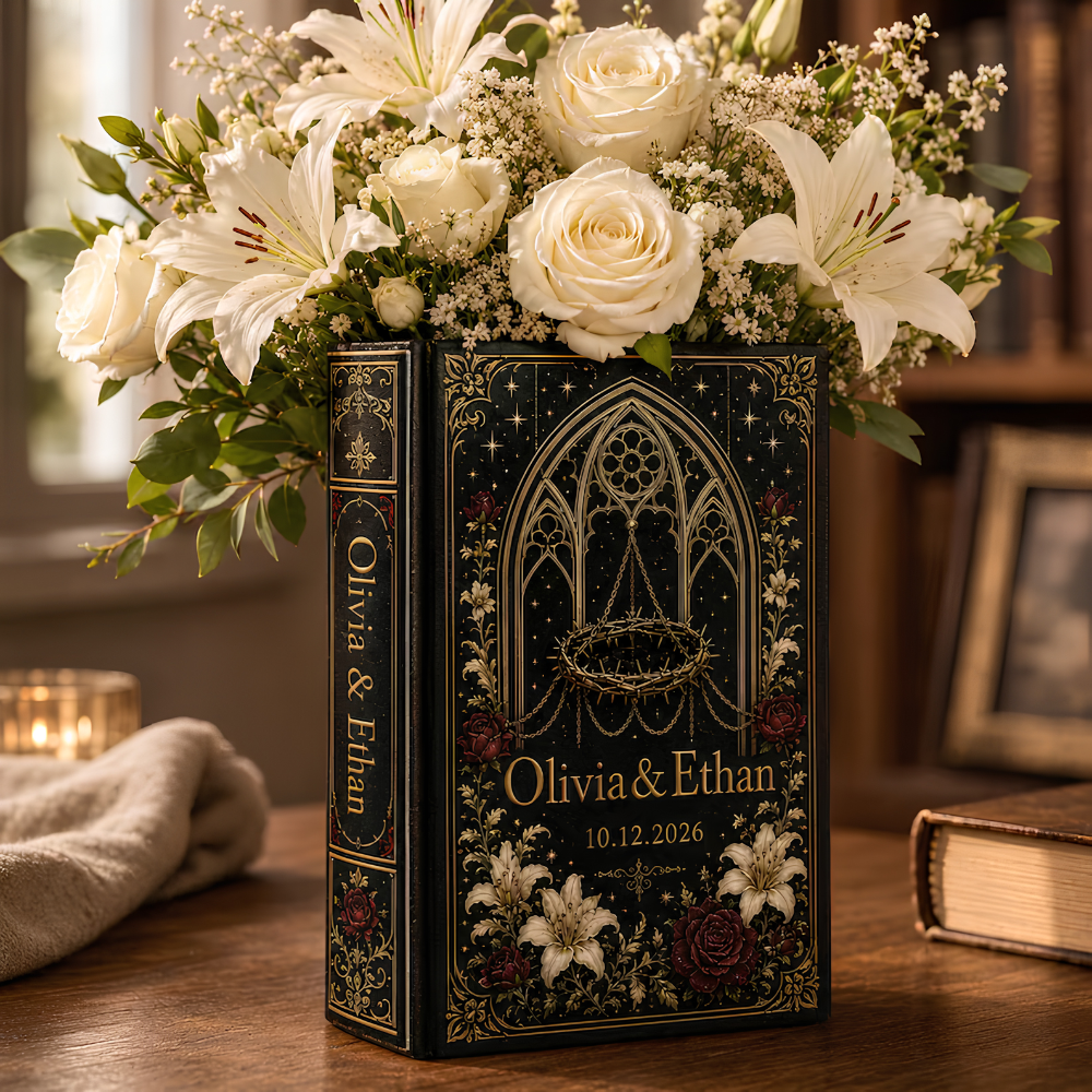 Personalized Flower Gothic Wedding Engagement Anniversary Ceramic Book Vase, Personalized Gothic Wedding Book Vase For Couple WD0596