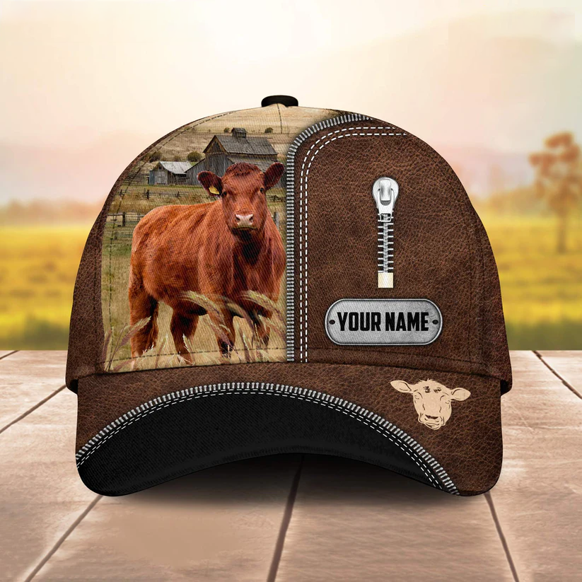 Red Angus Leather Zip Pattern Customized Name Cap CA0112
