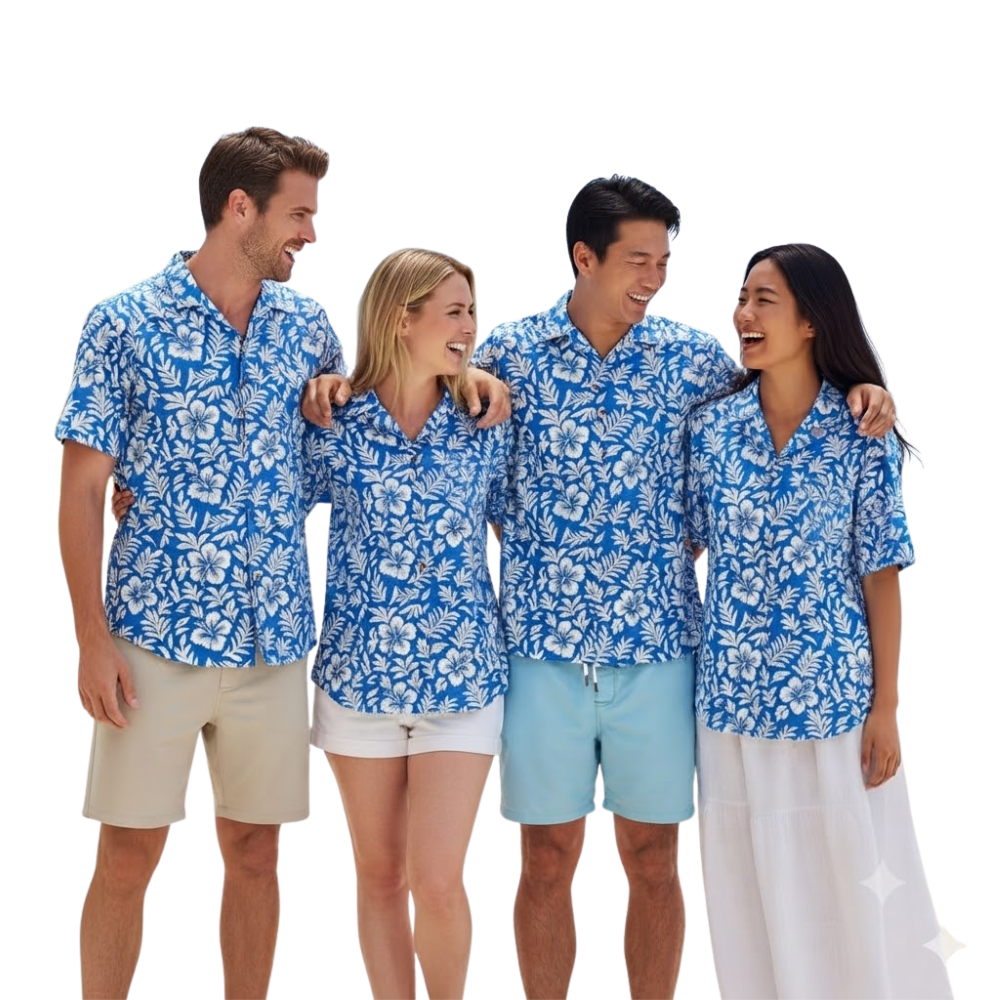 Floral Blue Whiite Family Matching Hawaiian Shirts, Tropical Floral Hawaiian Family Shirts ET1094