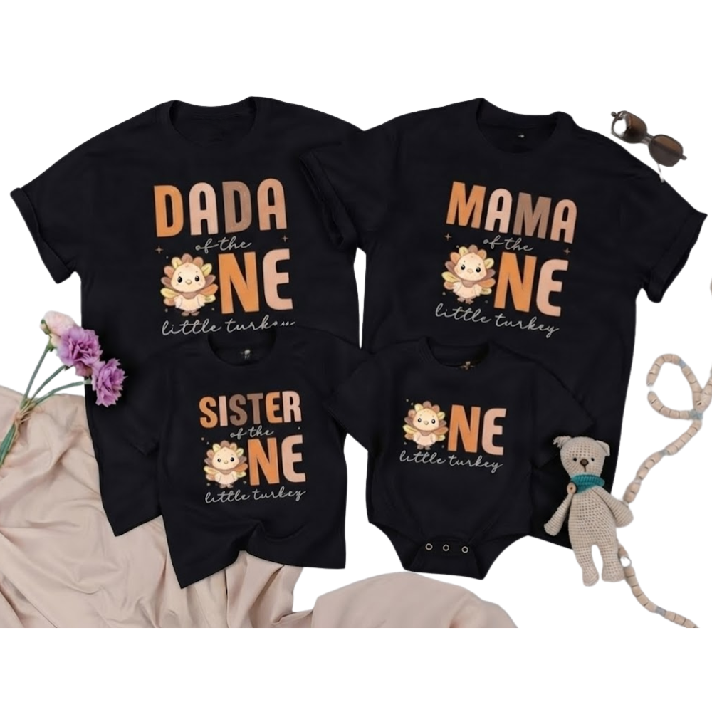 One Little Turkey Custom Family Matching T Shirt, Personalized Thanksgiving First Birthday Family Shirts ET1208