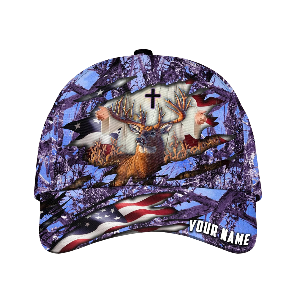 Deer Hunting Custom Cross American Flag Baseball Cap, Custom Christian Deer Cap Hat For Hunter CP0555