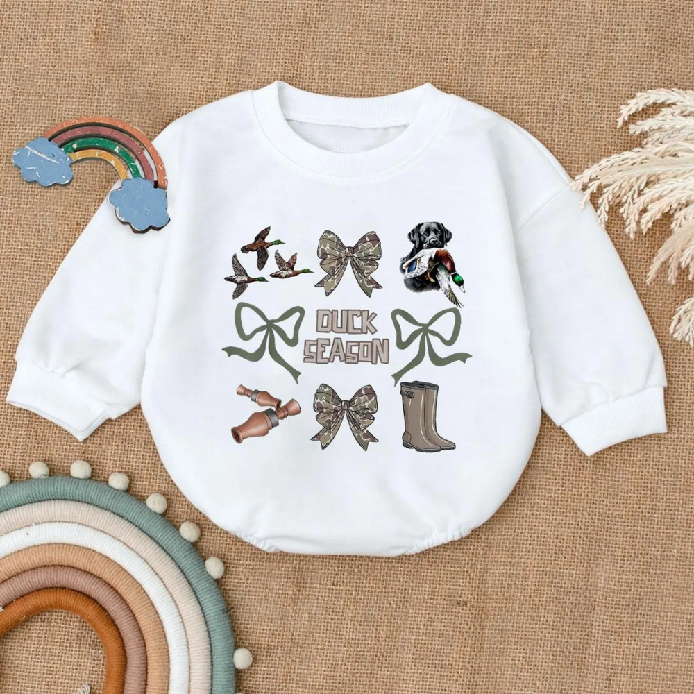 Duck Season Camo Coquette Bow Baby Romper Sweatshirt, Baby Duck Hunting Romper Sweatshirt BB0119