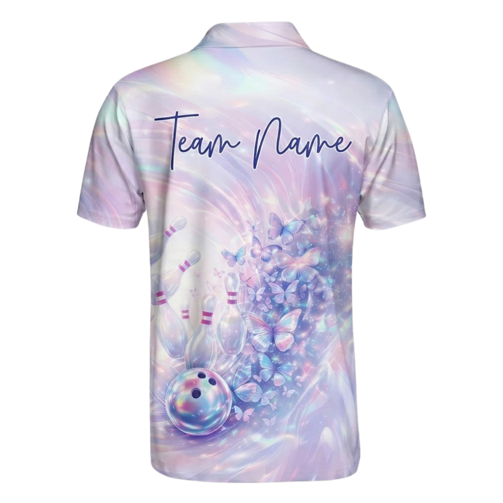 Women's Custom Butterfly Hologram Bowling Polo Shirt, Custom Butterfly Bowling Team Shirts For Ladies BZ0498