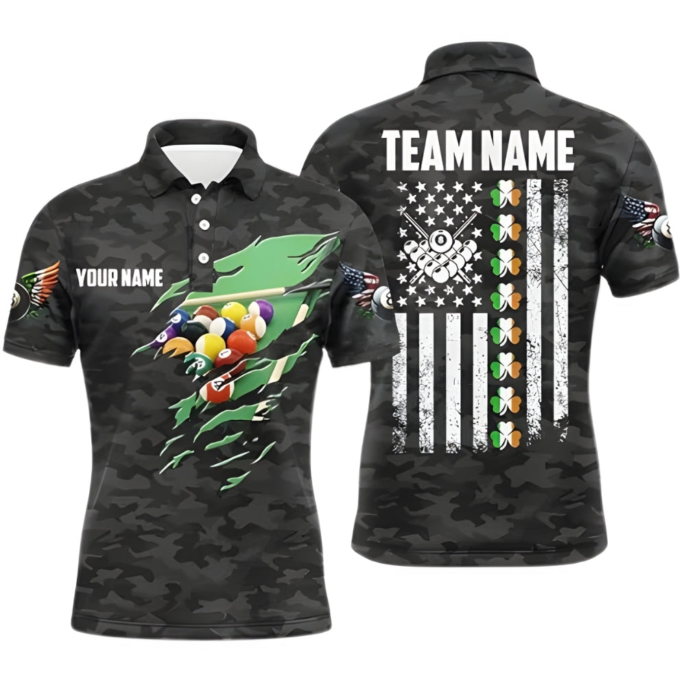 Custom Shamrock Camouflage Billiard Polo Shirt For Mens, Custom St Patrick Day Billiard Team Shirts BIZ0241