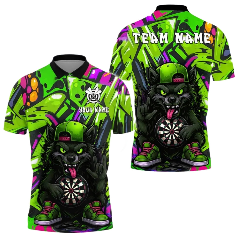 Custom Graffiti Cartoon Wolf Darts Polo Shirt Men, Custom Wolf Darts Team Shirts DE0021