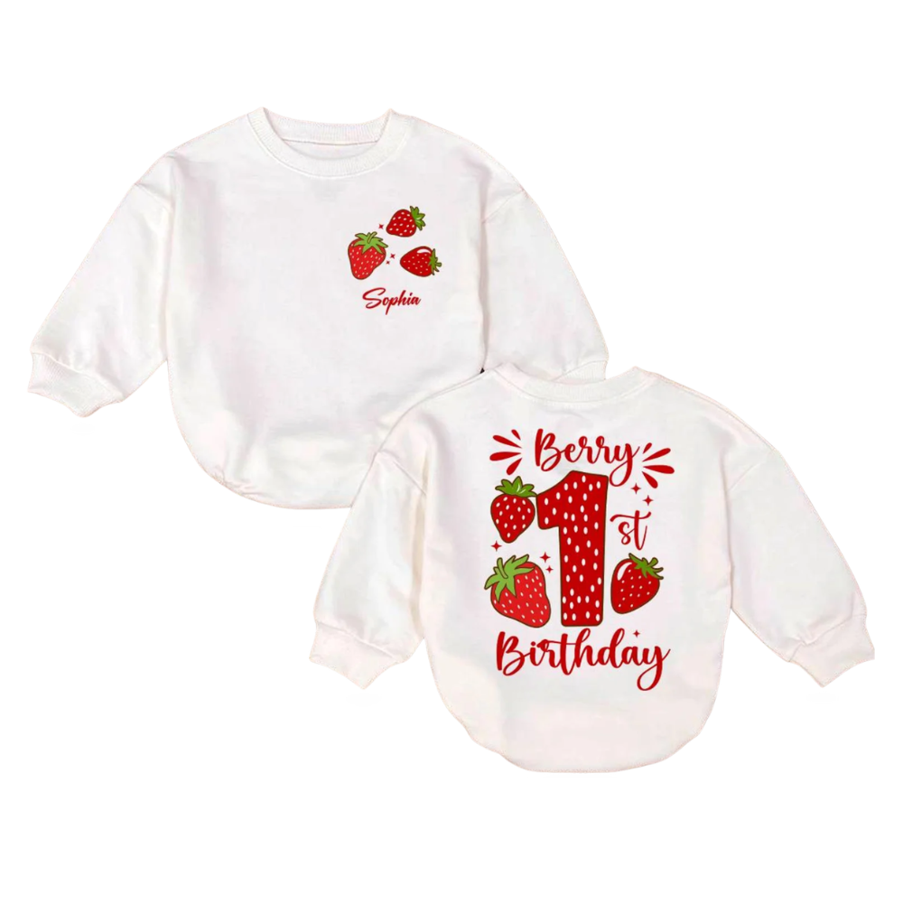Personalized Berry 1st Birthday Baby Romper Sweatshirt, Custom Strawberry First Birthday Baby Romper Sweater BB0752